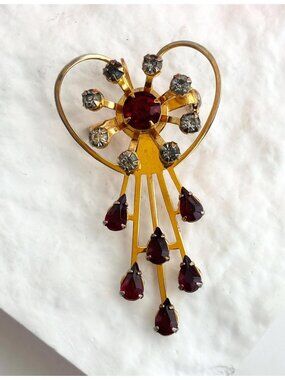 Heart Faux Garnet Rhinestone Vintage Heart Gold T 80's Vintage Brooch Pendan